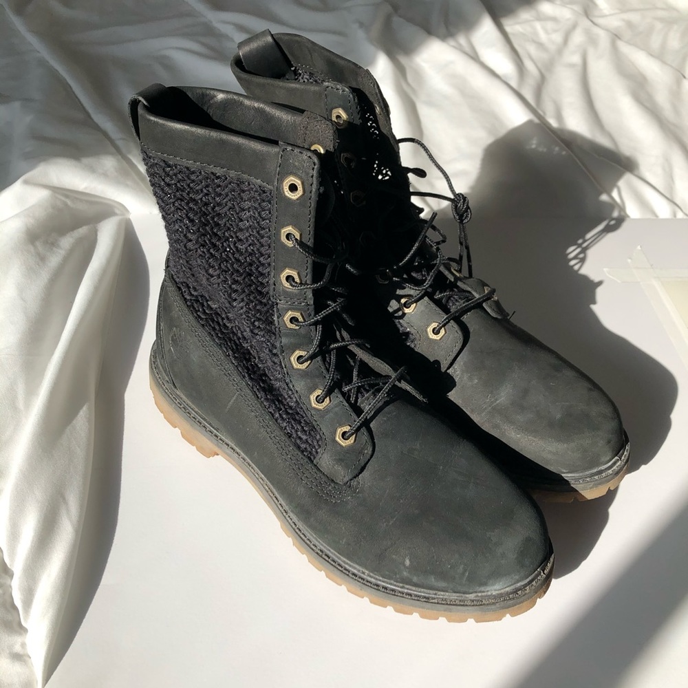 Crochet style knit Timberland combat boots